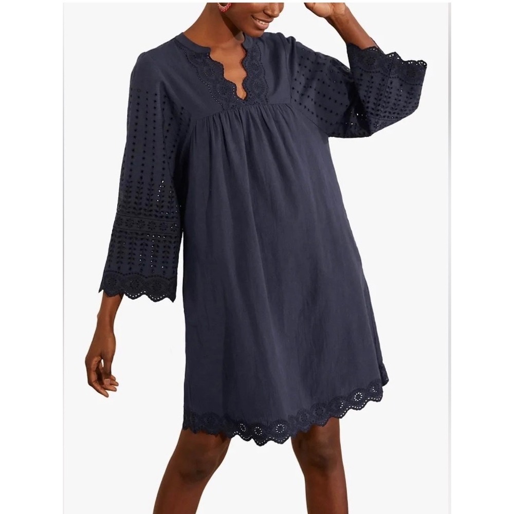 Boden Navy Blue Cotton Eyelet Split Neck Shift Dress Long Sleeve